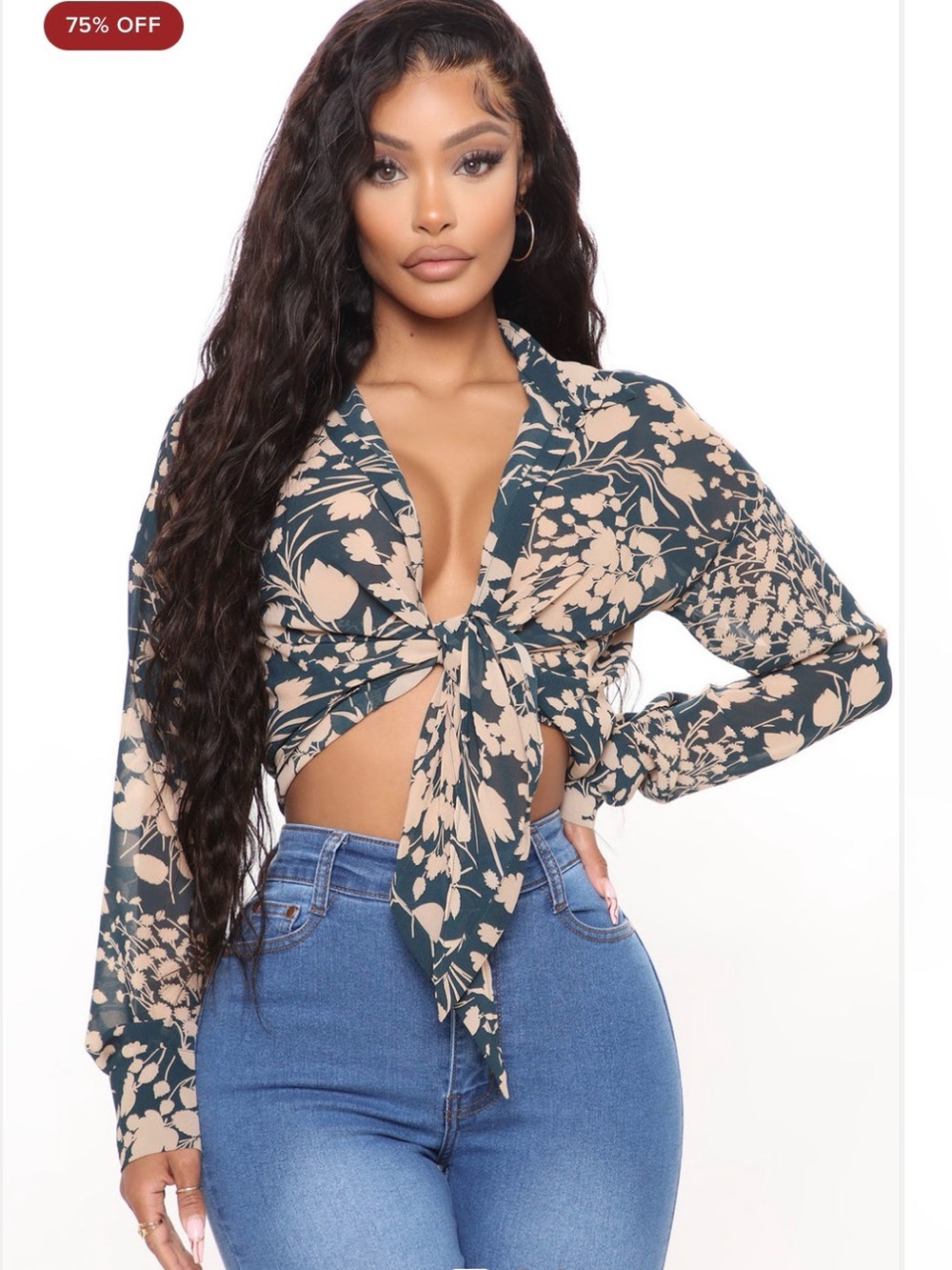Fashion Nova Teal and Beige Floral Tie-Front Long Sleeve Crop Top
